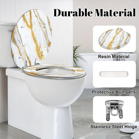 Round Resin Toilet Seat for Bathroom with gold marbling design, fitting standard toilets, featuring stainless steel hinges.
