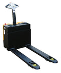 Badass Heavy Duty Electric Pallet Truck Featuring Dual 12 Volt Batteries For All Day Runtime Includes Simple Push Button Controls And Responsive Throttle Moves Smoothly Across 20X47 Inch Forks To Crush Any Warehouse Load, showing black forks and a control handle.