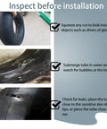 Steps to inspect Heavy Duty 15x6.00-6 Inner Tube With TR-13 Straight Valve for leaks before installation, shown in three images.