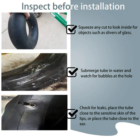 Steps to inspect Heavy Duty 15x6.00-6 Inner Tube With TR-13 Straight Valve for leaks before installation, shown in three images.