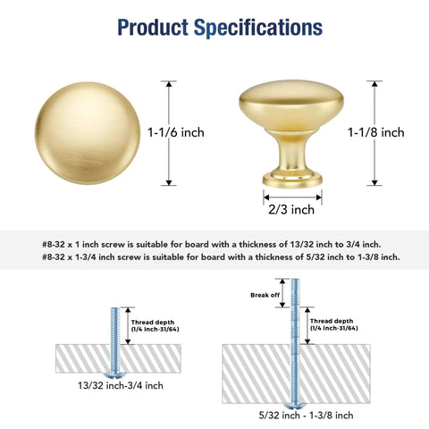 Product specifications for Top Shelf Solid Cabinet and Drawer Knob Sets with Kickass Brushed Gold Finish, sizes detailed.