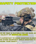 Person in tactical gear aiming an airgun with safety warning text, related to BB Trap With Built In Pellet Collector And Resetting Target For Airguns Durable Easy Setup And Portable Design Includes 10 Paper Targets 7x9 Inches And 3 Spinner Targets For Backyard Practice.
