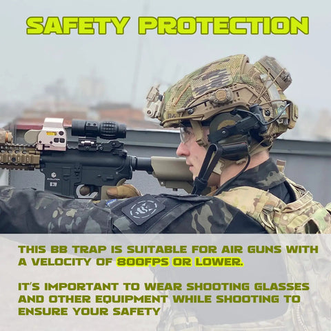 Person in tactical gear aiming an airgun with safety warning text, related to BB Trap With Built In Pellet Collector And Resetting Target For Airguns Durable Easy Setup And Portable Design Includes 10 Paper Targets 7x9 Inches And 3 Spinner Targets For Backyard Practice.