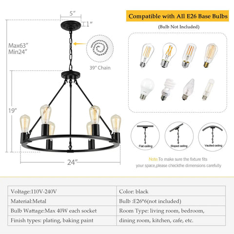 Black Wagon Wheel Chandelier, 6-Light Rustic Modern Farmhouse Pendant for Dining Room over table, industrial matte black
