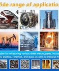 Image showing a range of industrial applications including aerospace, machinery, and metalwork with a focus on sheet metal measurement.