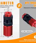 Close-up of an aluminum coupler with dimensions from 40 Piece Universal One Quarter Inch Quick Connect Air Fitting Kit with NPT thread size guide.