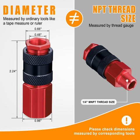 Close-up of an aluminum coupler with dimensions from 40 Piece Universal One Quarter Inch Quick Connect Air Fitting Kit with NPT thread size guide.