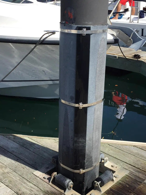 Five Eighths Inch Wide 304 Stainless Steel Band used on a marine dock piling for heavy duty support and durability.