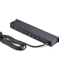 8-Outlet 1U Switched Rack Mount PDU With Individual On Off Outlets 125V 15A NEMA 5-15R 8-Foot Power Cord TAA Compliant Ideal For Server Rooms And Small Data Centers, front view with cord