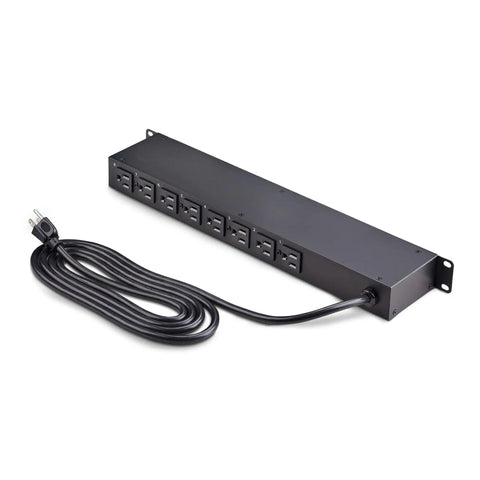 8-Outlet 1U Switched Rack Mount PDU With Individual On Off Outlets 125V 15A NEMA 5-15R 8-Foot Power Cord TAA Compliant Ideal For Server Rooms And Small Data Centers, front view with cord