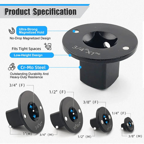 Premium Low Profile Heavy Duty Socket Adapter Set With Magnetized Ratcheting Wrench Extenders For Tight Spaces And Confined Engine Bays Perfect For Serious Repair Jobs On Your Ride. Black Cr-Mo steel adapters, 3/4 to 1/4 in sizes