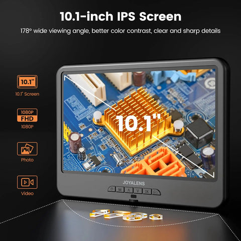 10.1 Inch Digital Microscope For Adults With 1080p Video And 12MP Imaging, 8 LED Illumination, Coin Magnifier For Error Coins, Soldering Electronics Microscope, Metal Stand, PC View, 32GB Storage. 10.1-inch IPS screen showing circuit board and coins