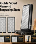 Dead On Edge Precision Chisel Sharpening Jig Kit With Dual Grit Stones showcasing double-sided diamond sharpening stone 400 and 1000 grits.