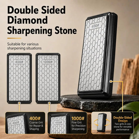Dead On Edge Precision Chisel Sharpening Jig Kit With Dual Grit Stones showcasing double-sided diamond sharpening stone 400 and 1000 grits.