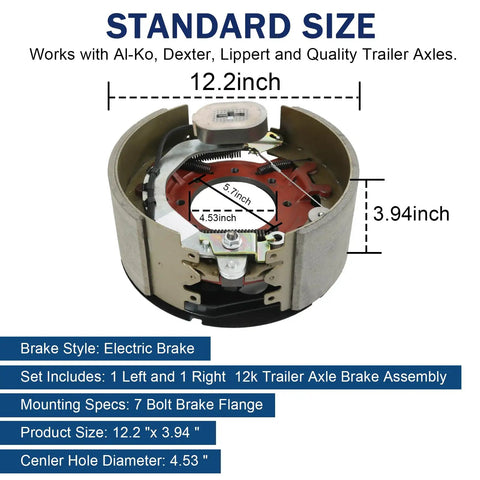 Rock Solid Pair Of Electric Trailer Brakes For 12 By 5 Hub Fit 12000 Lb Axles With 7 Bolt Flange, 12.2x3.94 inch size.