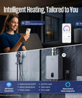 Woman using phone with Heavy Hitter Natural Gas Tankless Water Heater With Built In Smart Wifi for remote control settings.