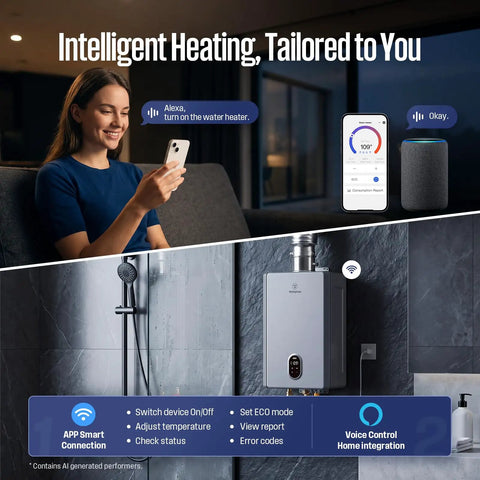 Woman using phone with Heavy Hitter Natural Gas Tankless Water Heater With Built In Smart Wifi for remote control settings.