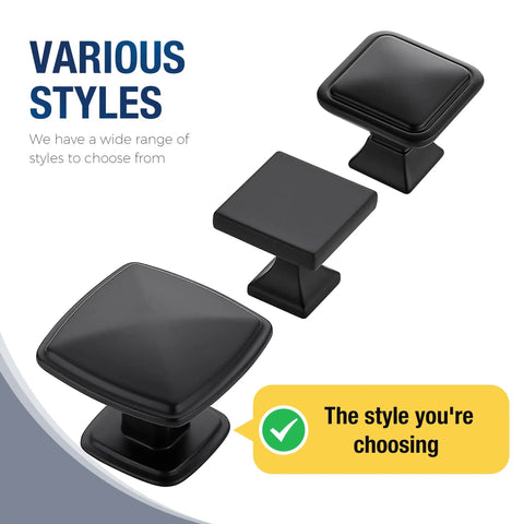 Three matte black square cabinet knobs in various styles, showcasing 10 pack black square cabinet knobs for cabinets and drawers one hole dope rugged heavy duty metal hardware easy install modern kitchen upgrade durable matte black knobs.