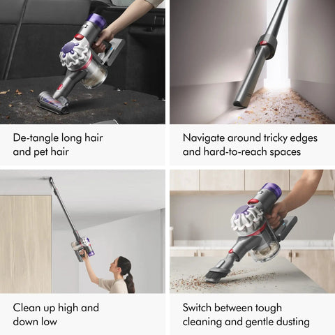 Cordless Vacuum Cleaner With Motorbar Cleaner Head For All Floors detangling hair, cleaning edges, and converting to handheld