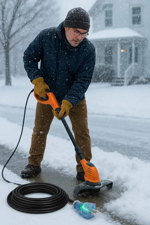 Man using heavy duty 200 ft outdoor extension cord with 14 gauge 3-conductor SJTW, lighted end and triple outlet in snowy weather.