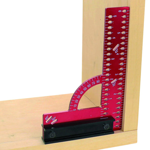 Pro Grade 6 Inch By 4 Inch Aluminum Framing Square With Removable Fence for woodworking placed on wood corner