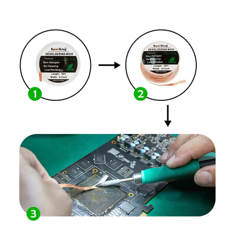 No Clean Soldering Flux Paste And Desoldering Wick Kit For Quick Electronics Repairs Pro Grade Rosin Flux in use on PCB board