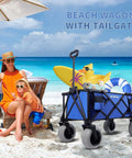 260L Heavy Duty Collapsible Beach Wagon With 9in Sand Wheels And Rear Tailgate on a beach with toys