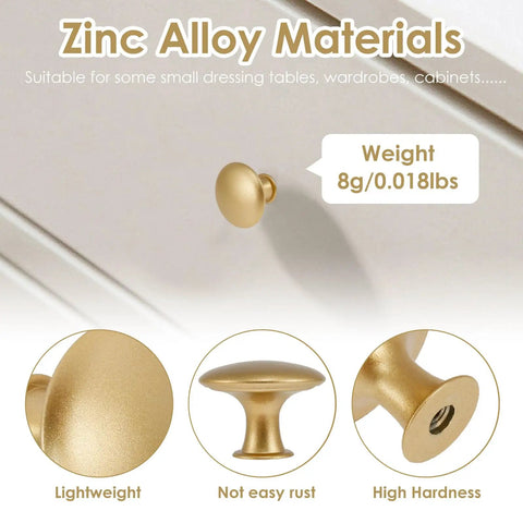 50 Pack Gold Round Cabinet Knobs 30mm Drawer Knobs Bulk Set With Screws Hollow Inside Lightweight Rustproof Dresser Knobs For Kitchen Cabinets And Furniture Easy Install Modern Decor, displayed against a white cabinet with detailed material description.