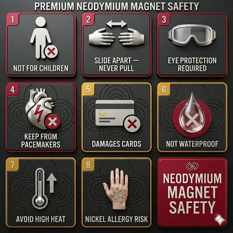 Premium Neodymium Magnet Safety Guidelines featuring warnings about use, including pacemakers, children, and high heat.