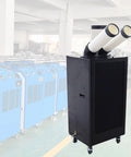Top Tier 220V Industrial Portable Air Conditioner 15400 Btu Spot Cooler with dual exhaust hoses in a warehouse setting.