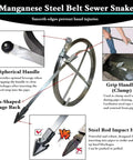 Heavy Duty Manganese Steel Drain Snake Whips Gnarly Outdoor Yard Clogs In Four To Sixteen Inch Pipes With A Two Inch Diameter And Eighty Two Foot Reach For Commercial Driveways showing spherical handle and steel rod impact head.