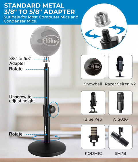 Multifunctional Desktop Microphone Stand For Live Streaming And Studio Recording With Pop Filter Shock Mount Microphone Clip And Five Eighths To Three Eighths Screw Adapter with mic compatibility.