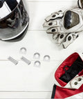 Motorcycle Foot Pedal Mount Kit With Metal Foot Pegs And Silver Spring Washers For Enhanced Stability And Easy Install Universal Footrest Bolt Set With Two Pins, silver washers and pins on white background