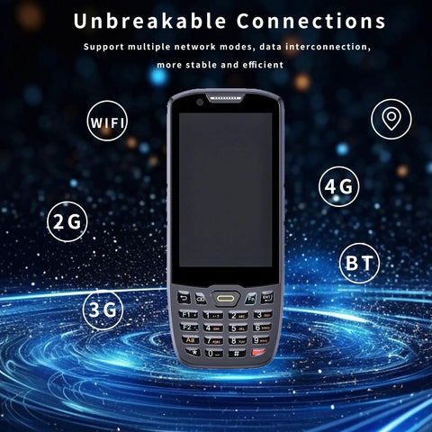Android 13.0 2D Barcode Scanner PDA Handheld POS Terminal Data Collector with 4G, WiFi, and rugged keypad displayed on screen.