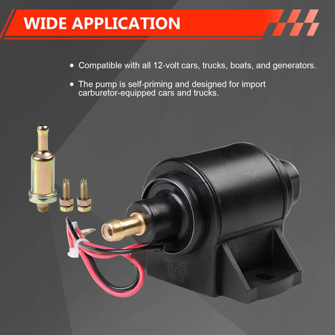 12V Electric Fuel Pump For Cars, Trucks, Boats And Generators, Delivers 2 To 3.5 PSI And 28 GPH Flow, Three Eighth Inch Inlet And Outlet
