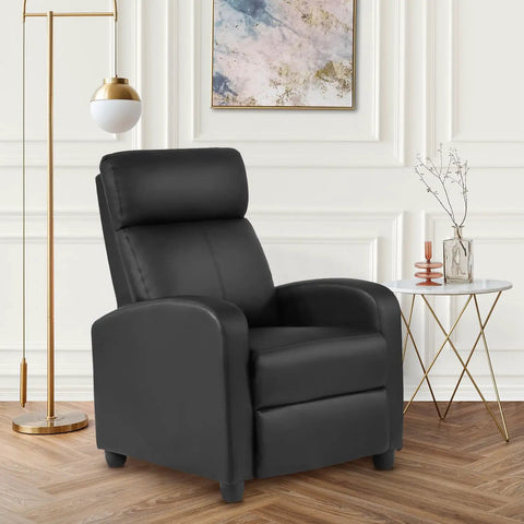 Leather Black Recliner Sofa Massage Chair With Home Theater Vibes featuring padded backrest and lumbar support, in living room setting