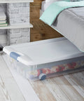 No Hassle Clutter Crusher, Slick Locking Lids, Heavy Duty Stackable Containers For Closet And Home Organization, Roomy 56 Quart Capacity, Clear With White Tops, 12 Pack Deal under bed storage container with floral rolls