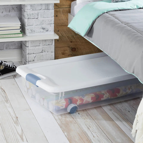 No Hassle Clutter Crusher, Slick Locking Lids, Heavy Duty Stackable Containers For Closet And Home Organization, Roomy 56 Quart Capacity, Clear With White Tops, 12 Pack Deal under bed storage container with floral rolls