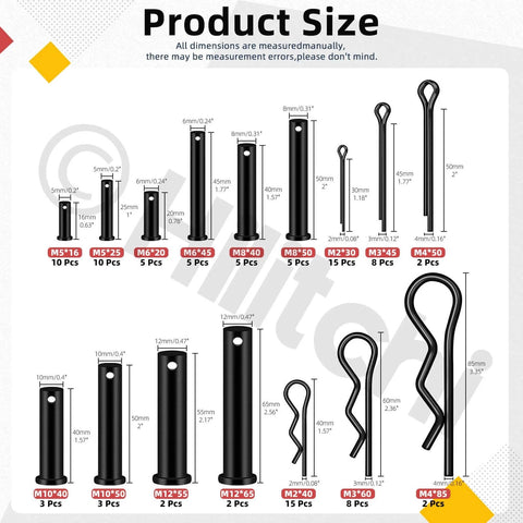 100 Piece Clevis Pins Kit With 10 Sizes M5 M6 M8 M10 M12 Plus Cotter Pins And Hair Pins, zinc plated steel, pinned layout