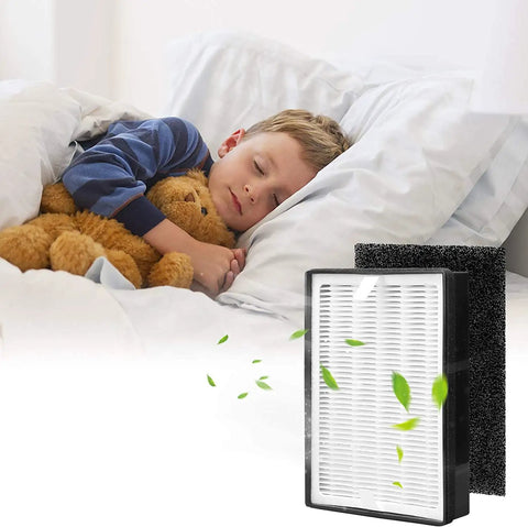 Child sleeping peacefully beside Replacement HEPA Filter Set For Levoit LV H126 With 2 HEPA Filters And 8 Activated Carbon Pre Filters