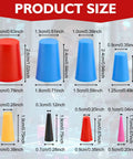 Check Out These 110-Pc Silicone Tapered Plugs In Vibrant Colors For Powders and Paints With Non-Toxic Heat-Resistant Sealing For All Your DIY Coating Jobs That Need Flexible Reusable Stoppers. product size chart showing 8 silicone tapered plugs in multiple sizes