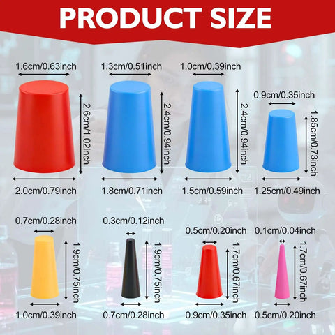 Check Out These 110-Pc Silicone Tapered Plugs In Vibrant Colors For Powders and Paints With Non-Toxic Heat-Resistant Sealing For All Your DIY Coating Jobs That Need Flexible Reusable Stoppers. product size chart showing 8 silicone tapered plugs in multiple sizes