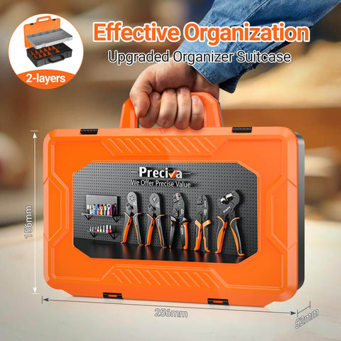 Person holding Ferrule Crimping Tool Kit With Portable Case Square Crimp Pliers For AWG 28 To 5 Wires Ratchet Crimper in case
