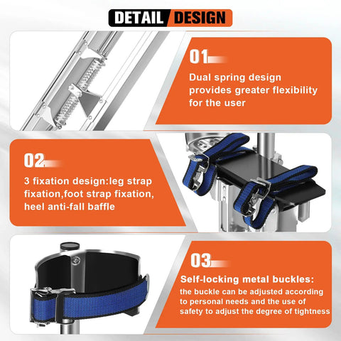 Detail view of Adjustable Aluminum Drywall Stilts For Adults From 24 To 40 Inches showing dual spring design and self-locking buckles