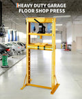 Heavy Duty 12 Ton Hydraulic Shop Press With Sturdy H Frame, yellow design, used for axle straightening in garage settings.