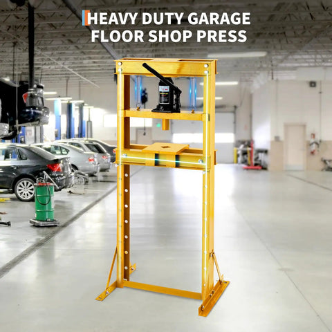 Heavy Duty 12 Ton Hydraulic Shop Press With Sturdy H Frame, yellow design, used for axle straightening in garage settings.