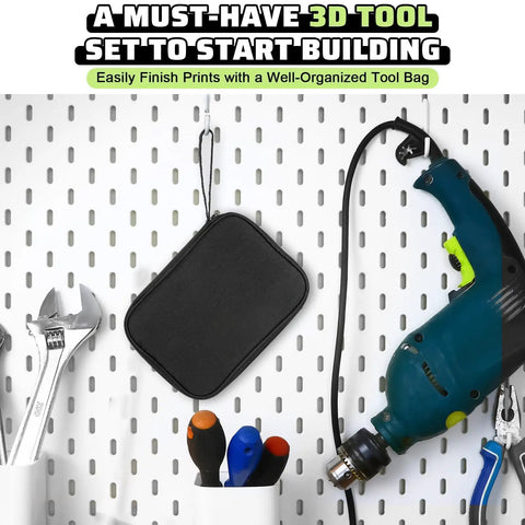 43 Piece 3D Printer Tools Kit For All FDM And SLA Printers With tools hanging on a pegboard in a black storage bag