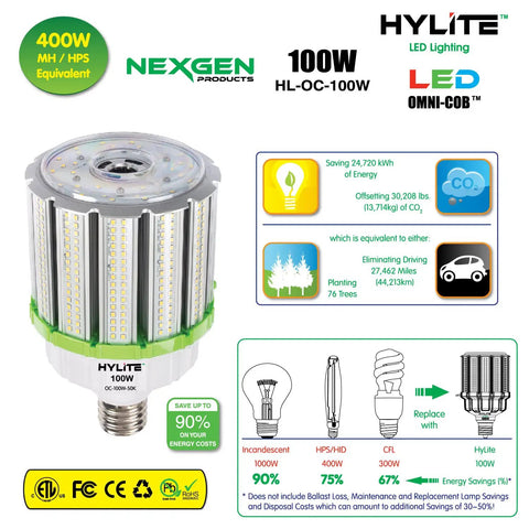 High Power 100W LED Omni Cob Light Replaces 400W HPS MH With Fuss Free No Ballast Needed, Instant Start, 50K 14500 Lumen overview image