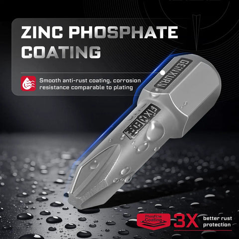 Close-up of a zinc phosphate coated screwdriver bit showcasing anti-rust properties, part of the Heavy Duty 101 Piece Screwdriver Bit Set With 1 Inch Magnetic S2 Steel Phillips Slotted Square Torx Hex And Security Tips Including Impact Holder And Sturdy Portable Case For Weekend Warrior Projects.
