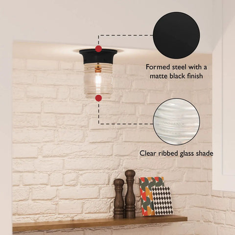 Jelly Jar Flush Mount Ceiling Light For Indoor And Outdoor Use, Matte Black Finish, Damp Rated, Dimmable, Ribbed Clear Glass, Weather-Resistant Steel, E26 Bulb, Dope For Porches, Sunrooms, And Entryways